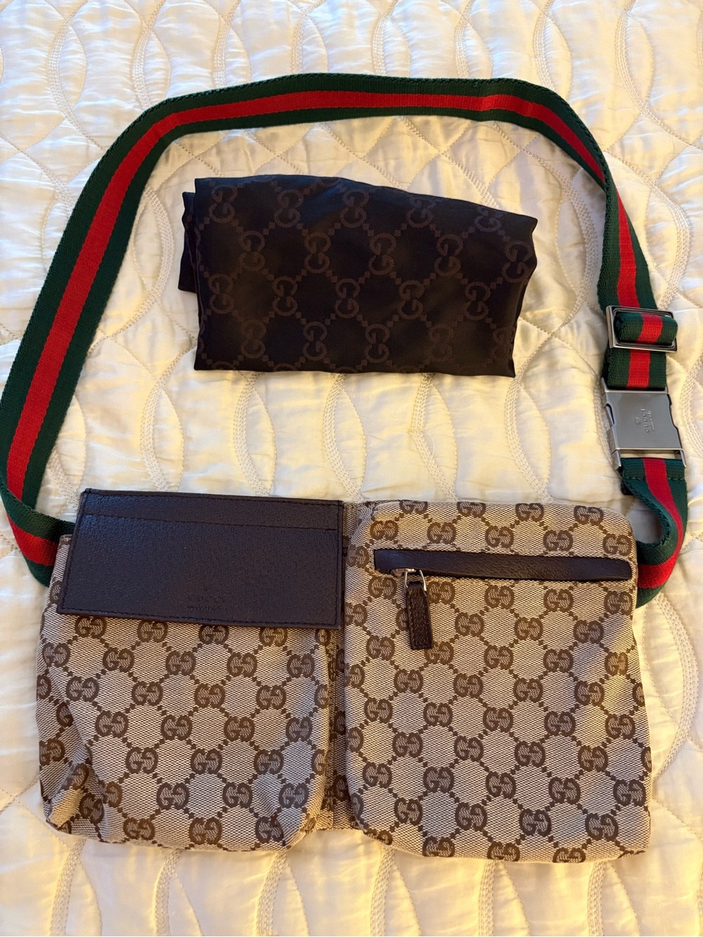 Gucci Brown Monogram Crossbody Bag, 2 Pockets, & Full Length Zipper Bag. New